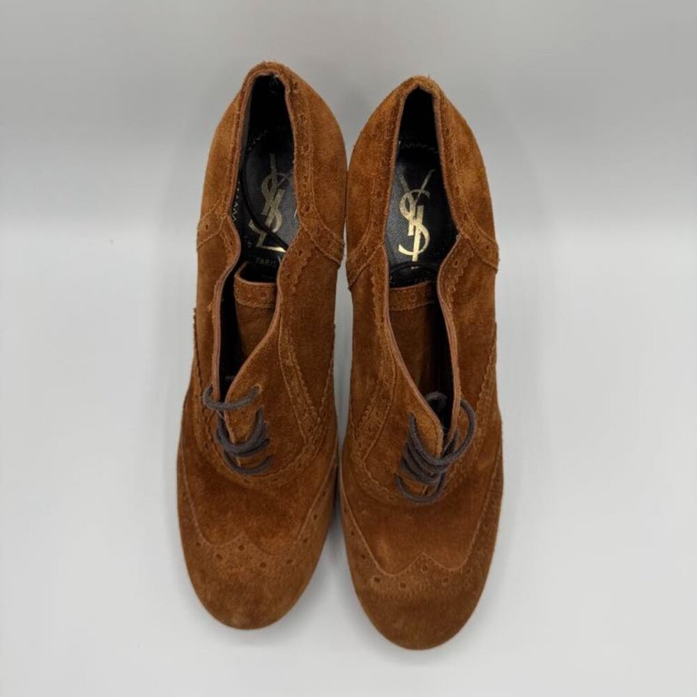 YSL Yves Saint Laurent Genuine Suede Leather Platform Oxford Laced Heels Booties - Picture 8 of 11